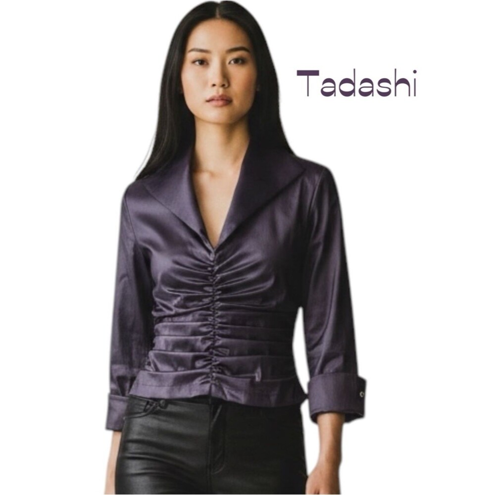 Tadashi Purple Metallic Satin Ruched Blouse Top NWOT Size 4 Designer Luxury